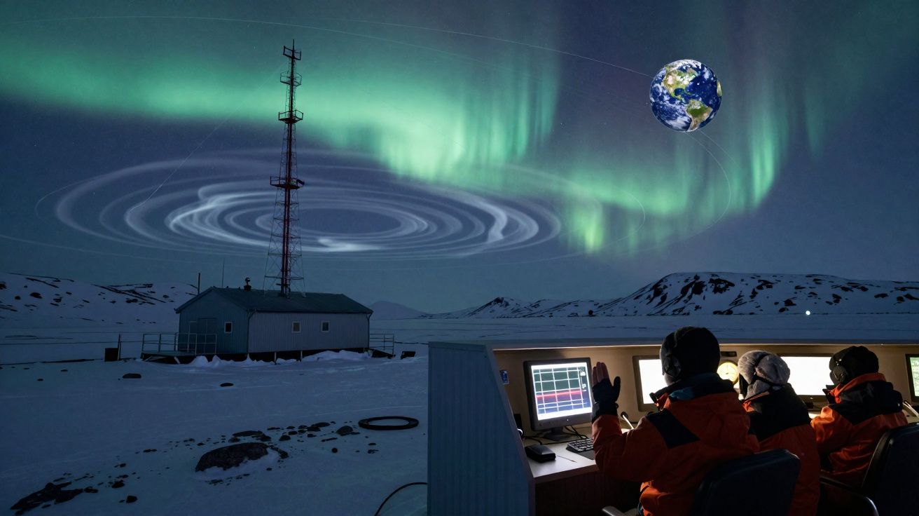 Aurora boreal no céu noturno sobre estação de pesquisa e observadores em ambiente nevado.