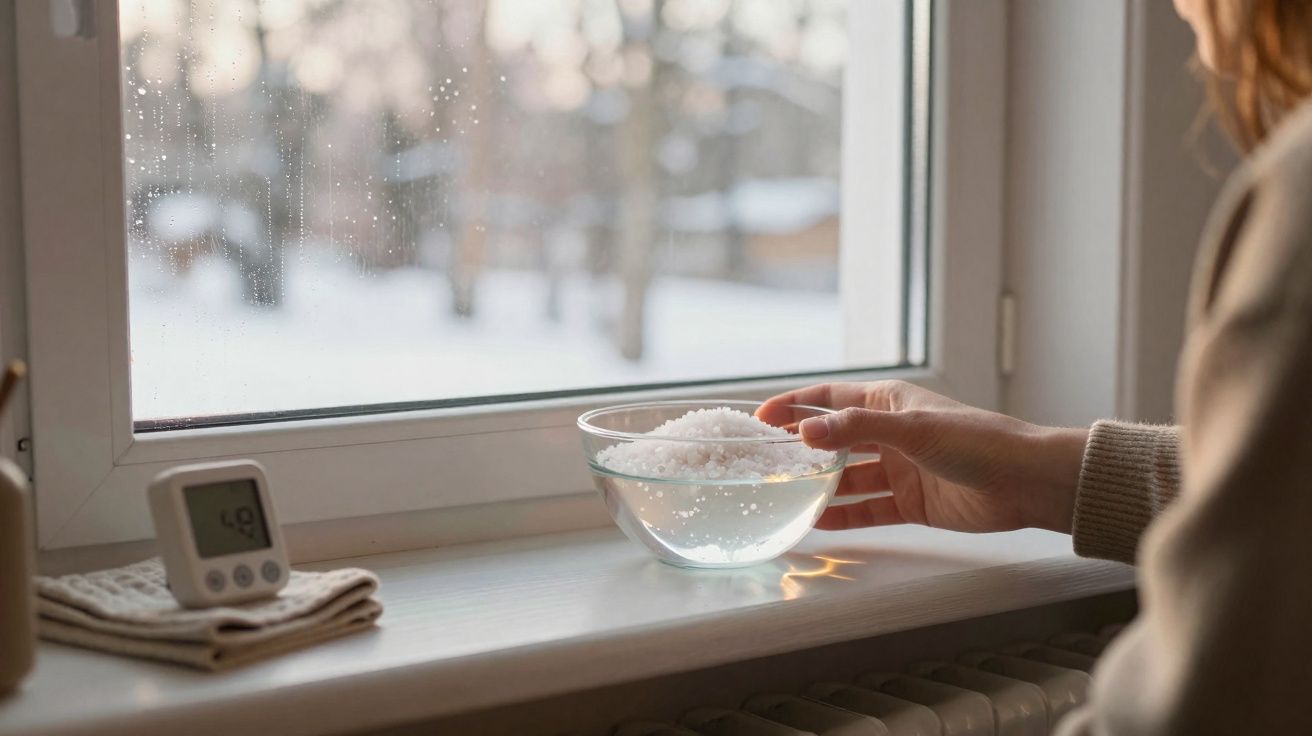 Pessoa a colocar tigela com sal e água na janela num ambiente frio com neve lá fora.