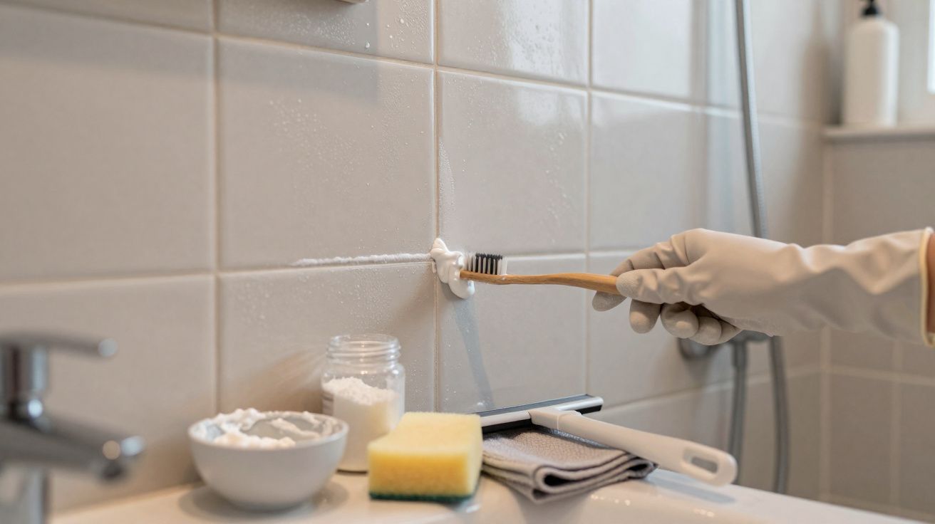 Mão com luva a limpar juntas de azulejos com escova num banheiro, com esponja e produtos de limpeza no lavatório.
