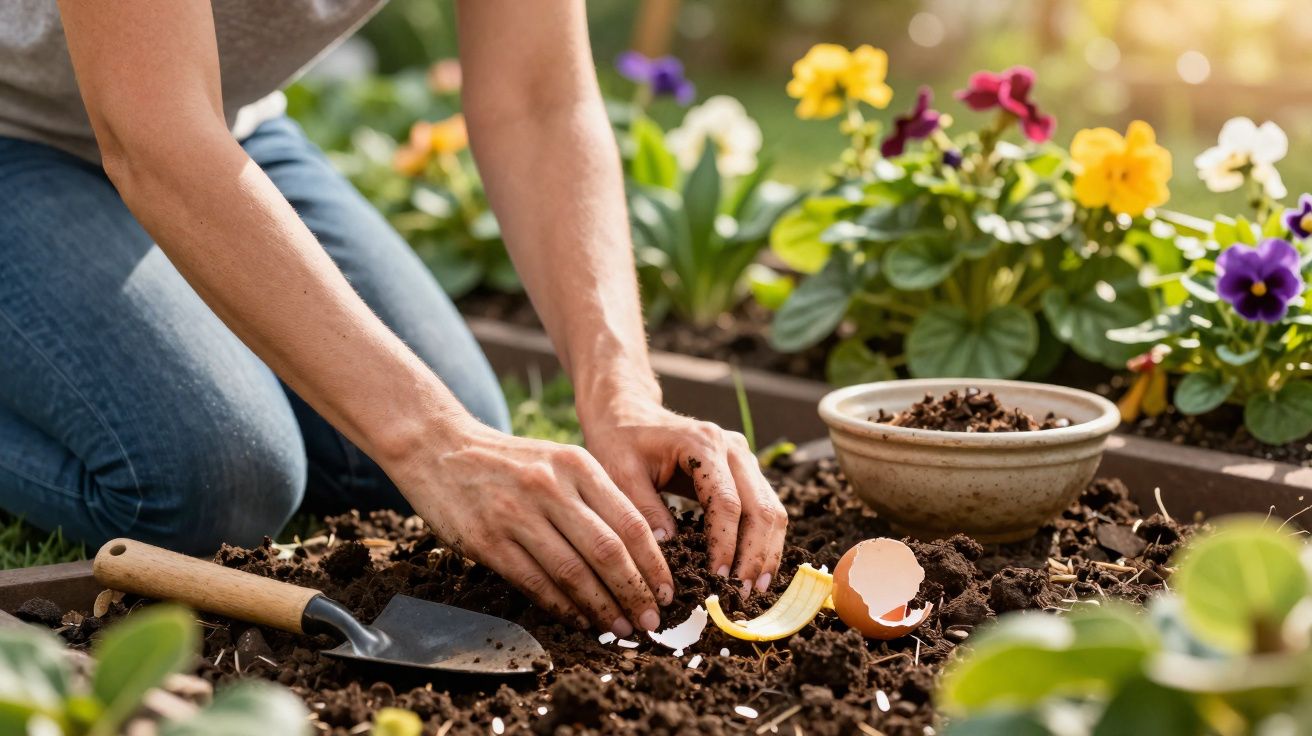Pessoa a preparar um canteiro de flores com terra e cascas de ovo como fertilizante natural.