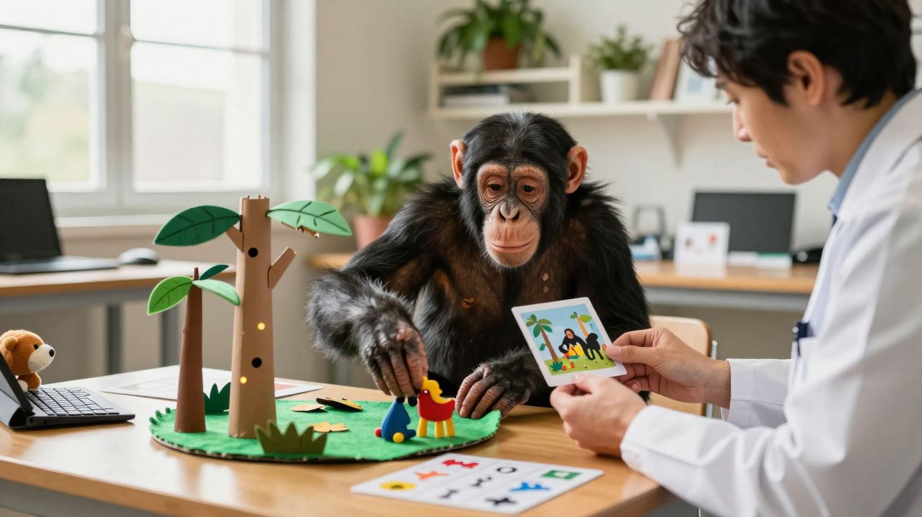 Chimpanzé a interagir com brinquedos enquanto cientista mostra cartas de testes numa mesa.