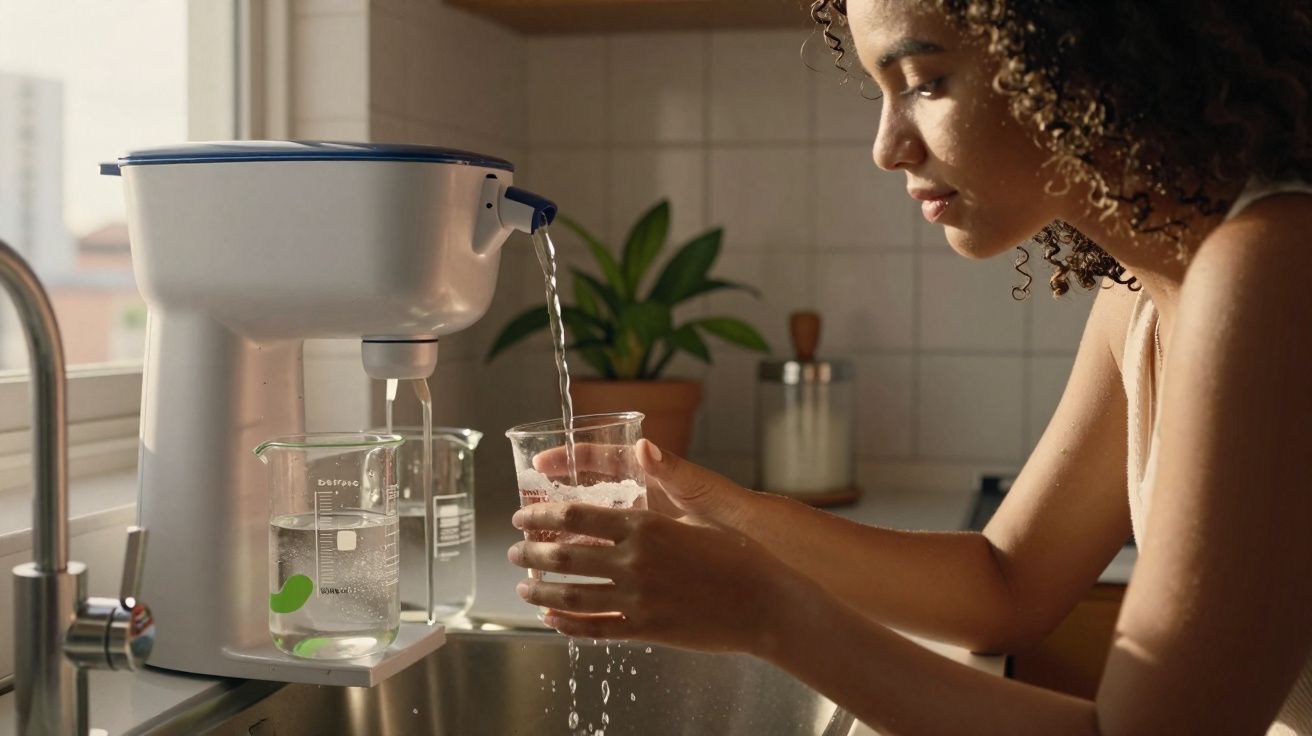 Mulher a encher copo com água filtrada numa jarra num filtro de água na cozinha.