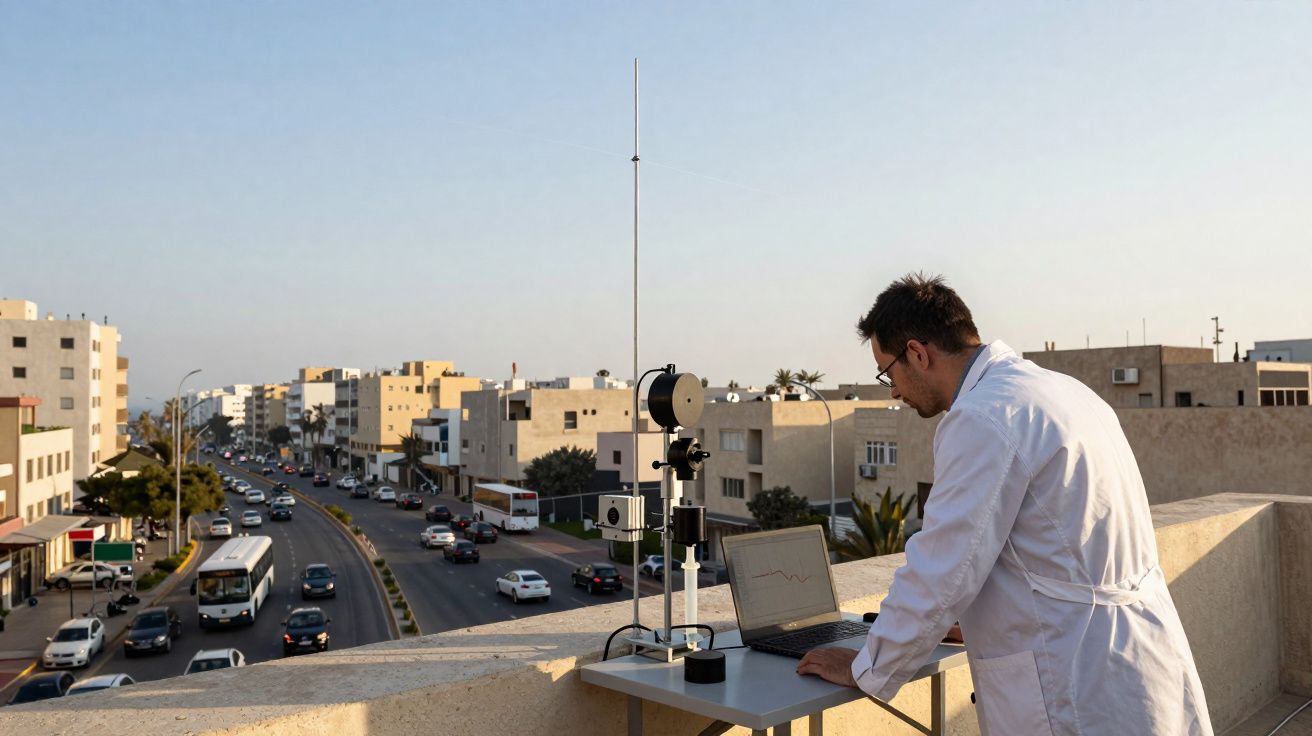 Homem de bata branca usa computador e equipamentos num terraço com vista para rua e trânsito urbano.