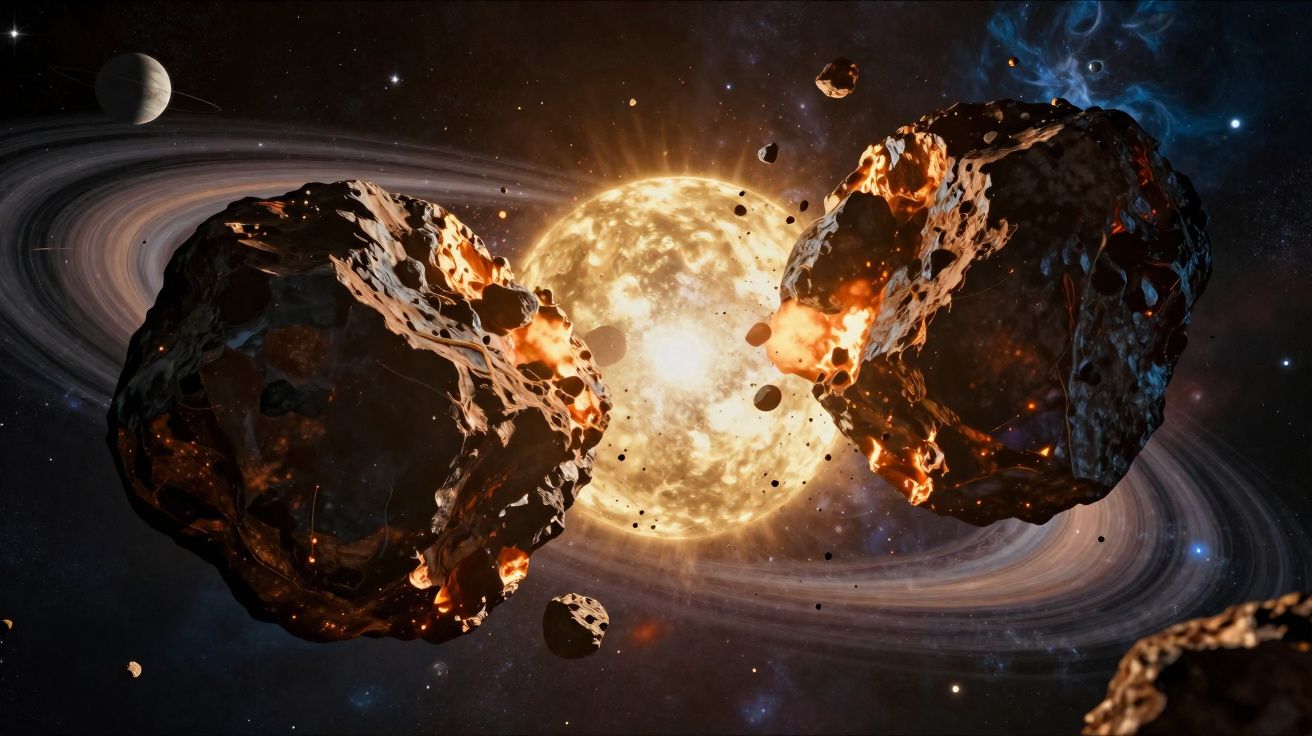 Imagem digital de um asteroide em choque perto de um planeta com anéis e uma estrela brilhante ao fundo.