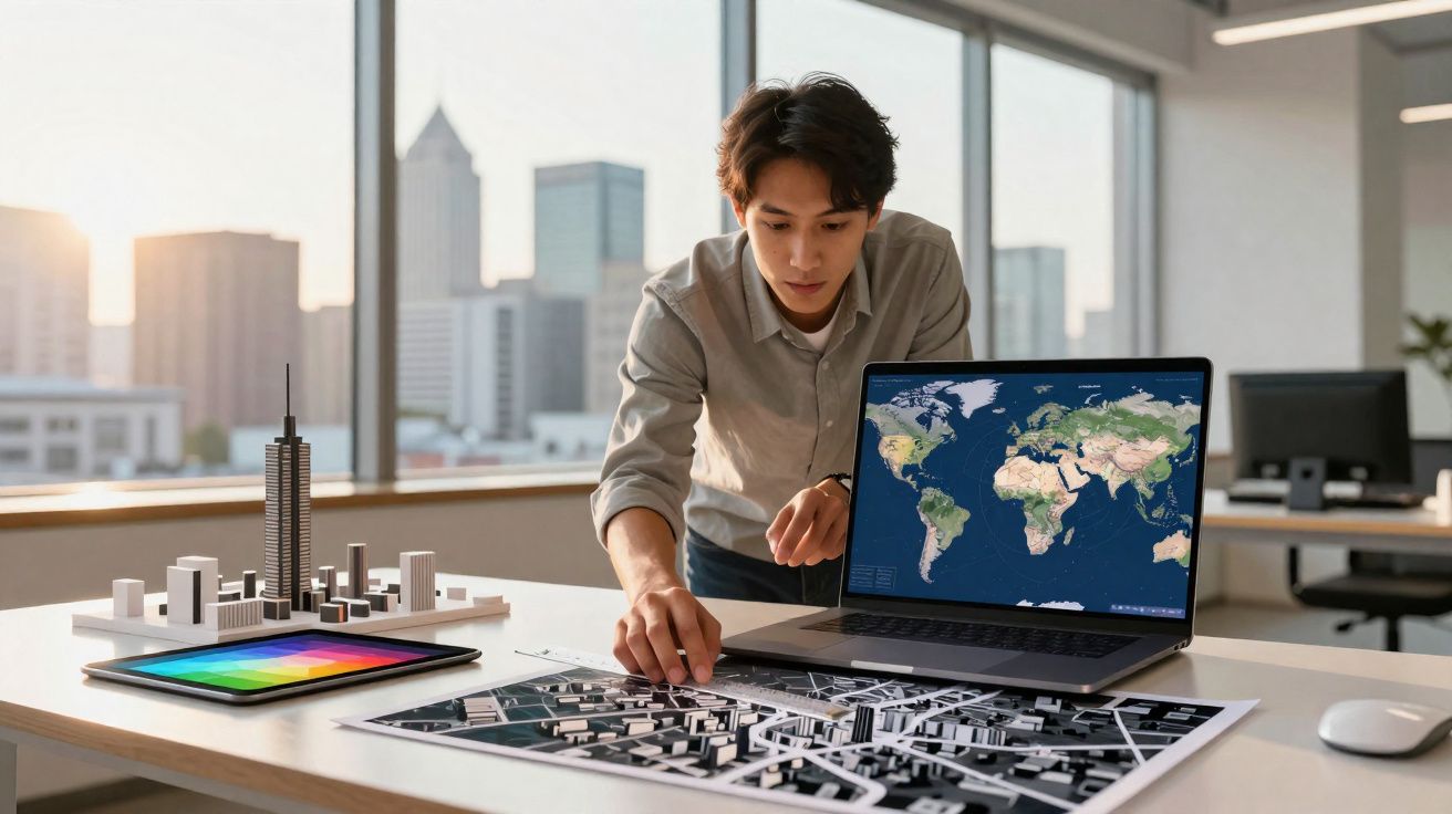 Homem jovem analisa maquete urbana com mapa mundial no portátil numa mesa de escritório moderno.