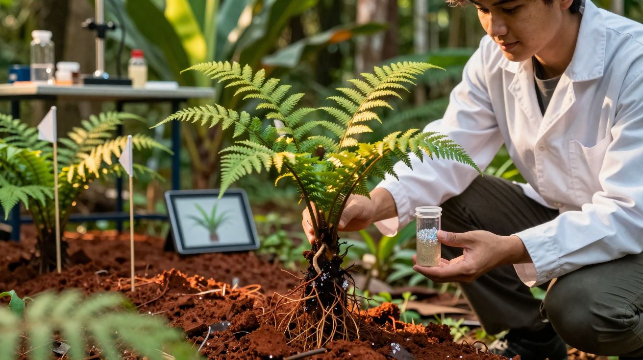Jovem cientista em laboratório ao ar livre examina planta com jarro de sementes, rodeado de vegetação e solo fértil.
