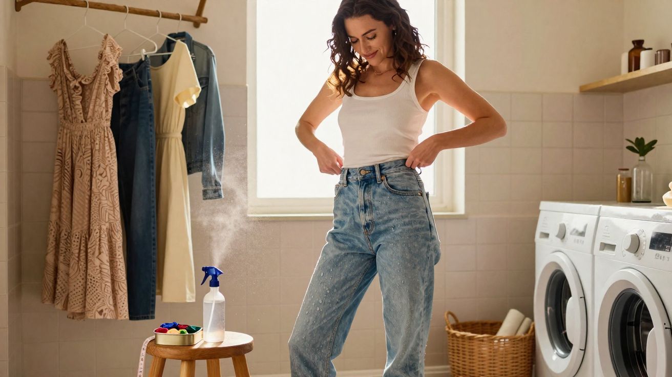 Mulher em casa experimenta jeans com várias roupas penduradas e máquina de lavar ao lado.