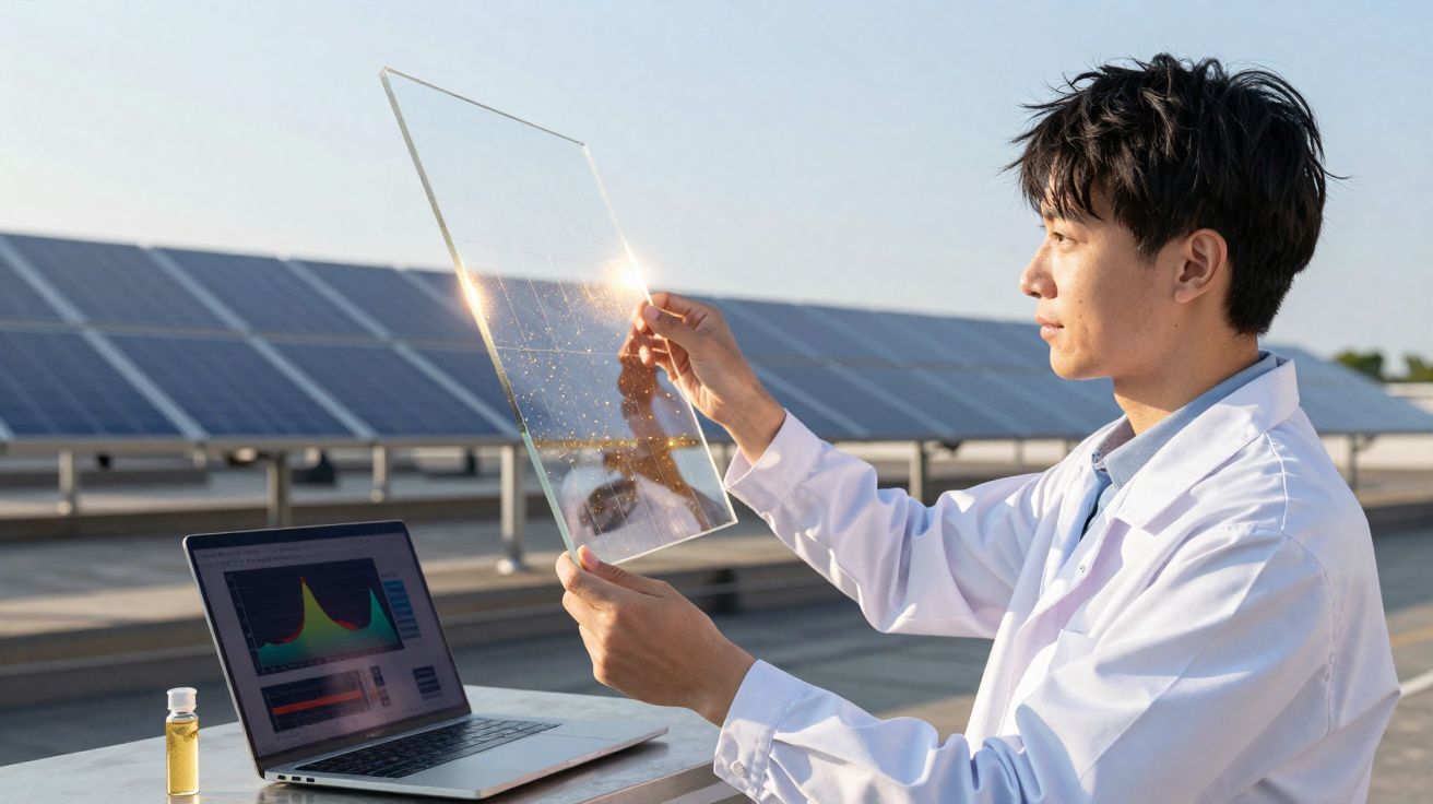 Cientista analisa painel solar transparente ao sol com laptop e painel solar ao fundo.
