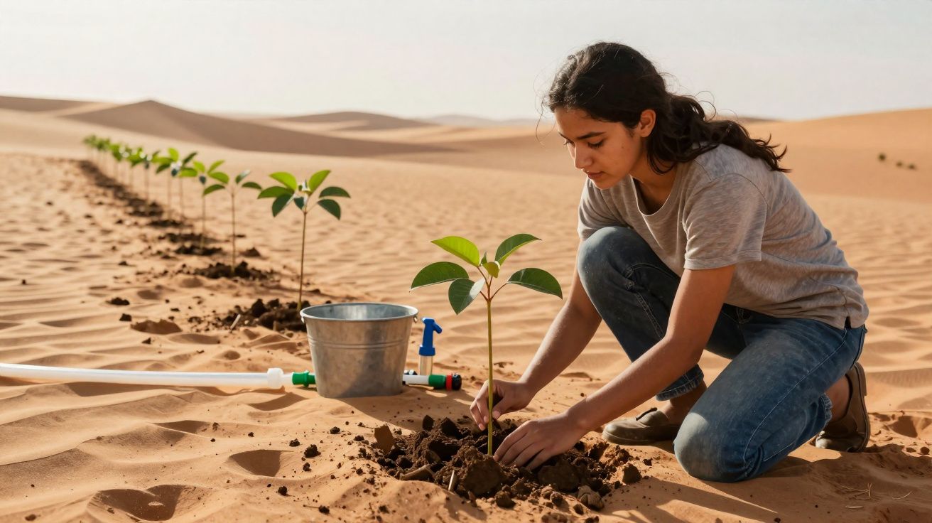 Jovem a plantar árvores em linha num deserto, com rega automatizada e balde metálico ao lado.