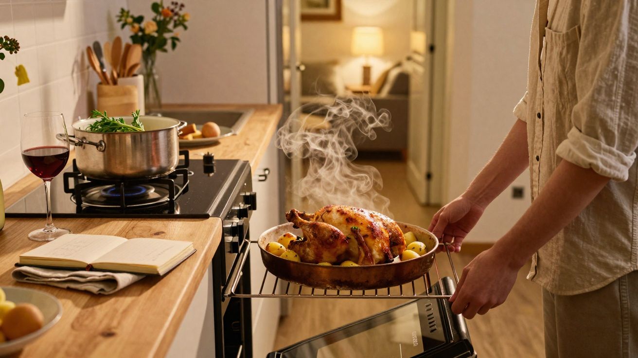 Pessoa a retirar frango assado com batatas do forno numa cozinha iluminada e acolhedora.