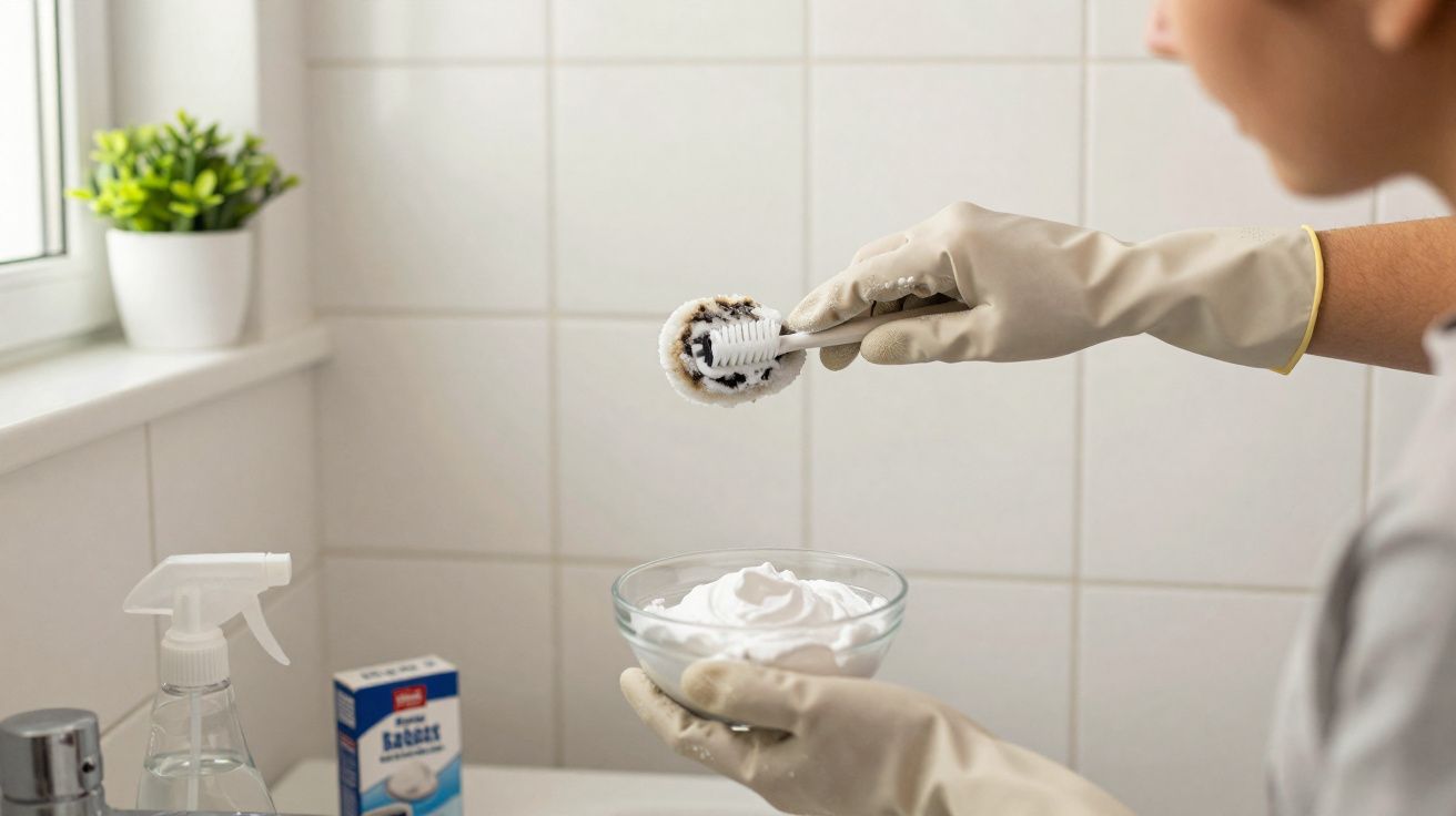 Pessoa a preparar uma escova com bicarbonato de sódio e espuma para limpar casa de banho.
