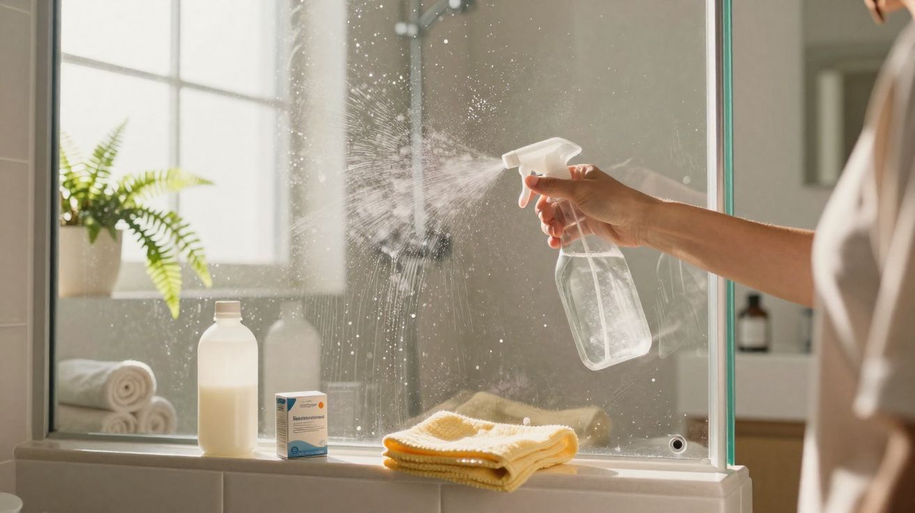 Pessoa a limpar um espelho de casa de banho com pulverizador, toalha amarela e produtos de limpeza.