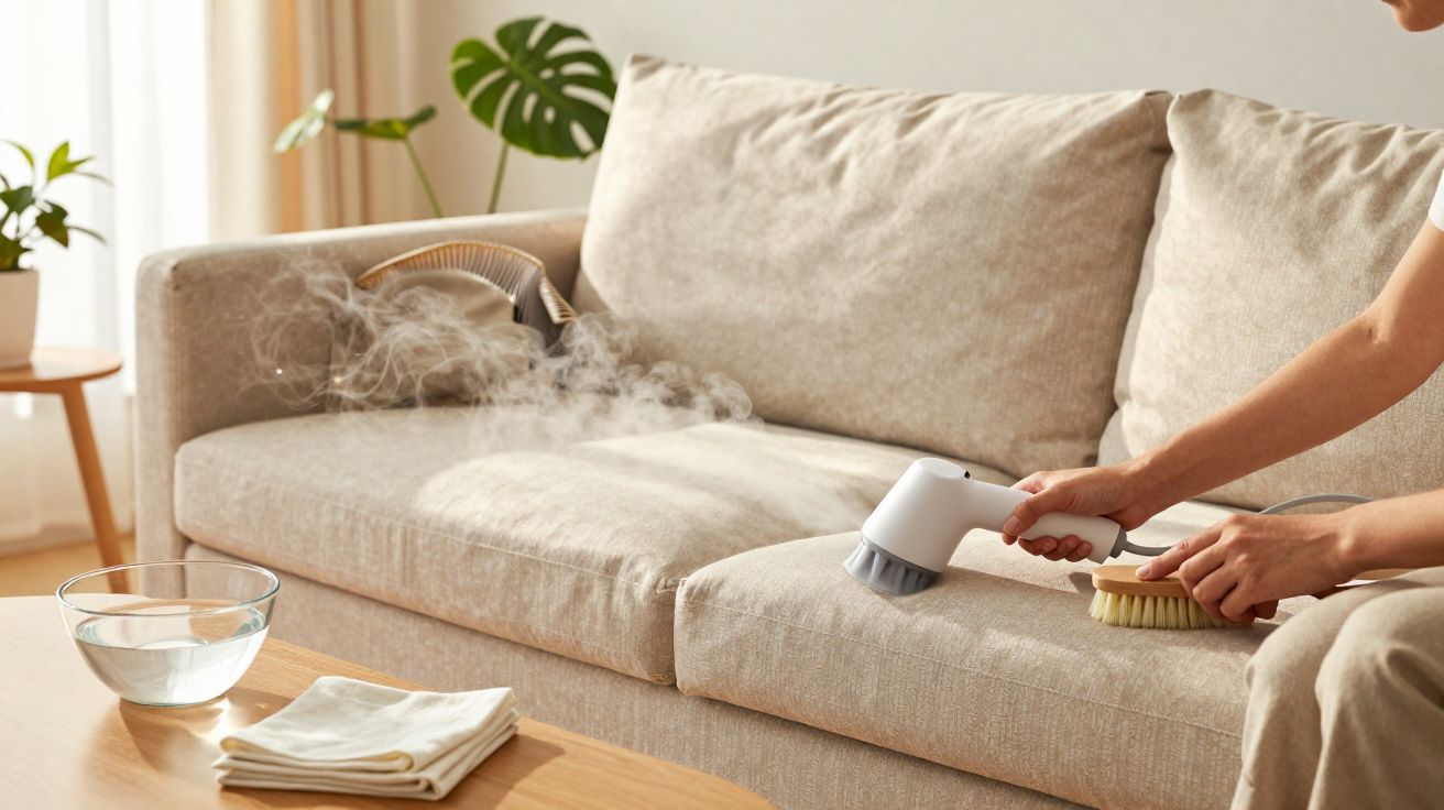 Pessoa limpa sofá bege com escova e vaporizador de limpeza numa sala iluminada e com plantas.