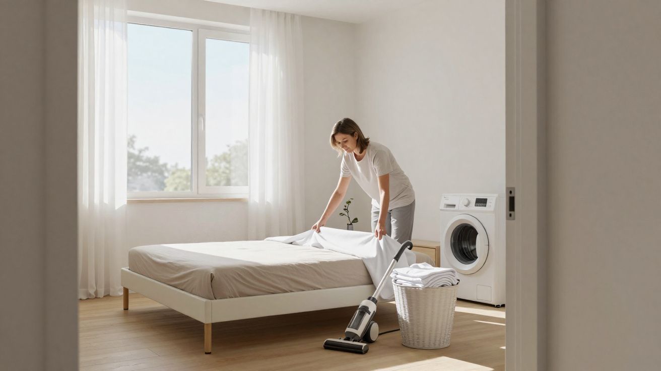 Mulher a arrumar a cama num quarto claro com aspirador e cesta de roupa ao lado.
