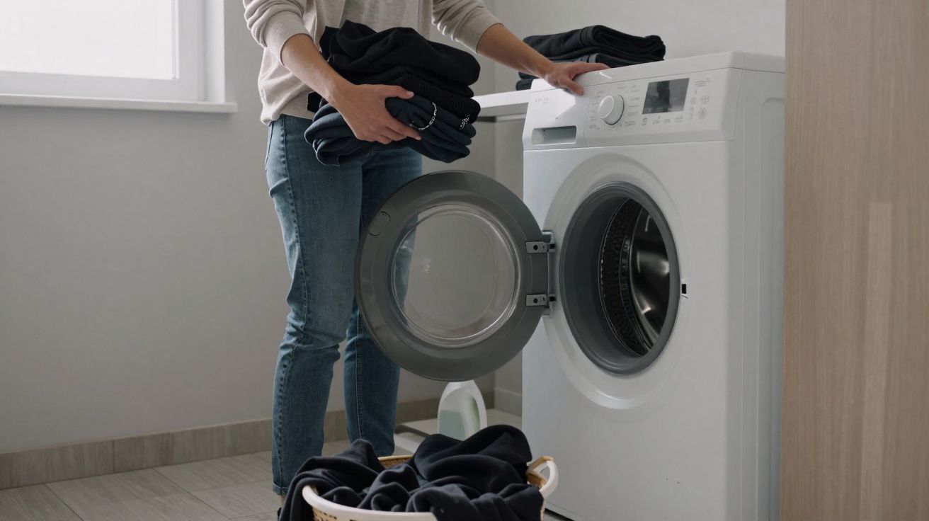 Pessoa a meter roupa preta numa máquina de lavar roupa branca numa lavandaria doméstica.