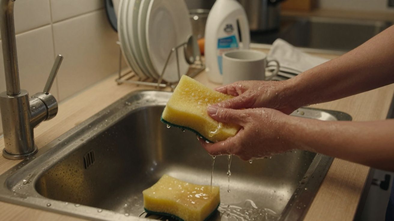 Mãos esfregam uma esponja amarela molhada sobre uma pia de aço inox com pratos secos ao fundo.
