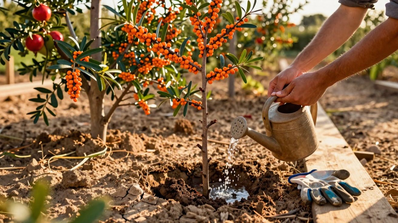 Pessoa a regar uma planta com bagas laranja num jardim com solo seco e luvas de jardinagem ao lado.
