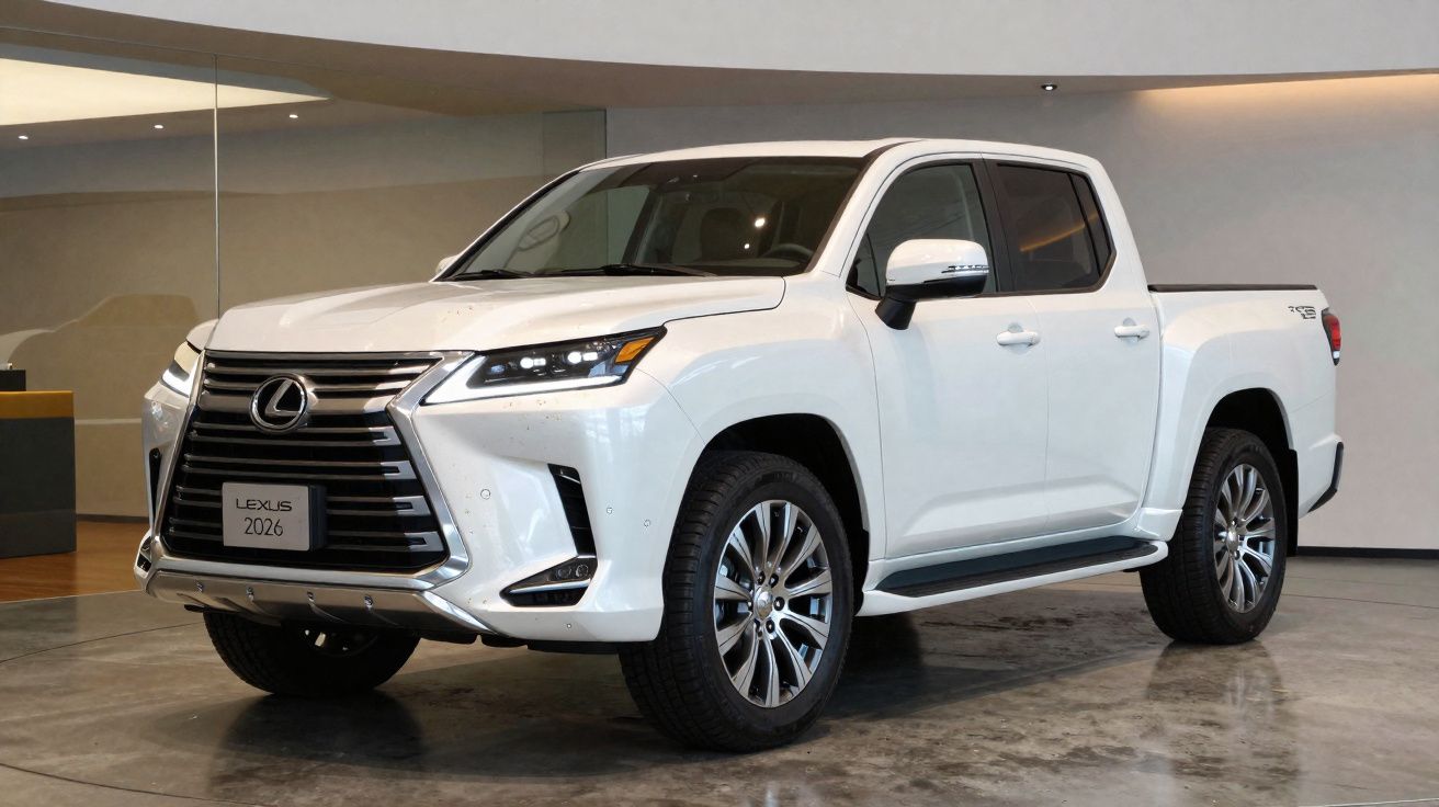 Pick-up Lexus branca 2026 estacionada em pavimento interior, vista ligeiramente lateral frontal.