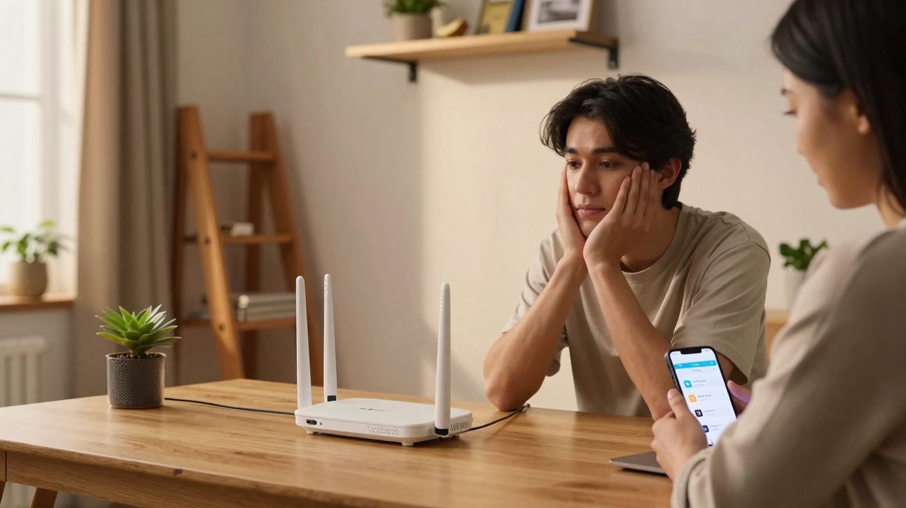 Homem preocupado sentado à mesa com router sem conexão e mulher ao lado a usar telemóvel.