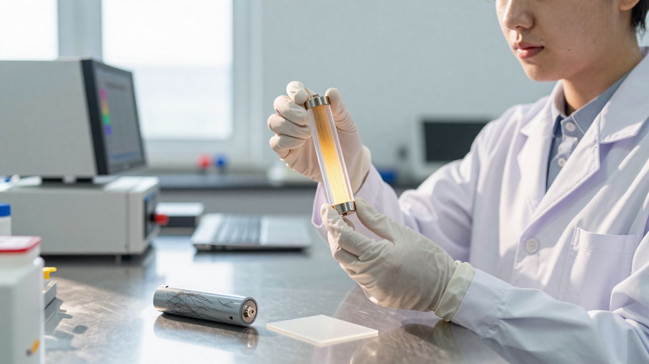 Cientista de bata branca analisa bateria cilíndrica avançada numa bancada de laboratório moderna.