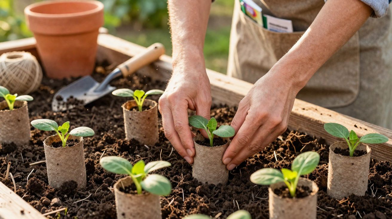 Mãos a plantar pequenas mudas em vasos de papel biodegradável numa cama de cultivo com terra escura.