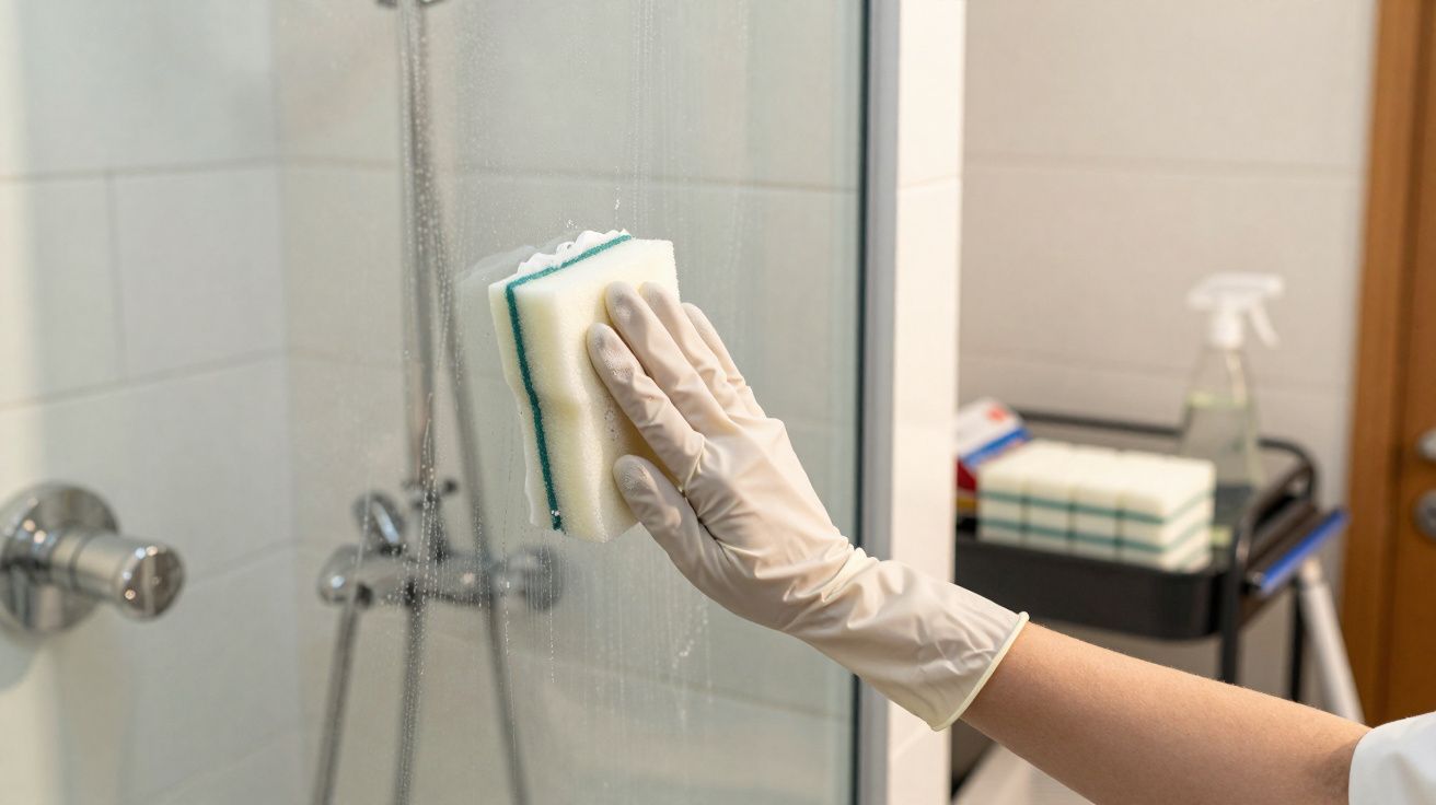 Pessoa com luva a limpar uma porta de vidro de duche num casa de banho.
