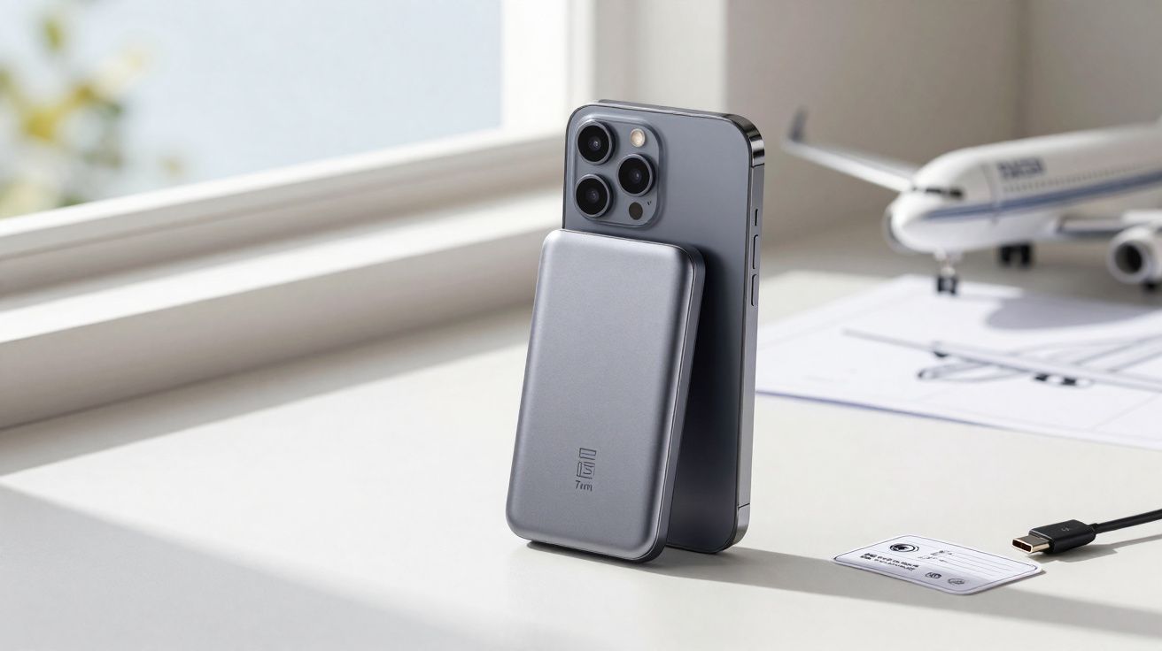 Smartphone escuro com bateria portátil magnética atrás, sobre uma mesa branca perto de janela.