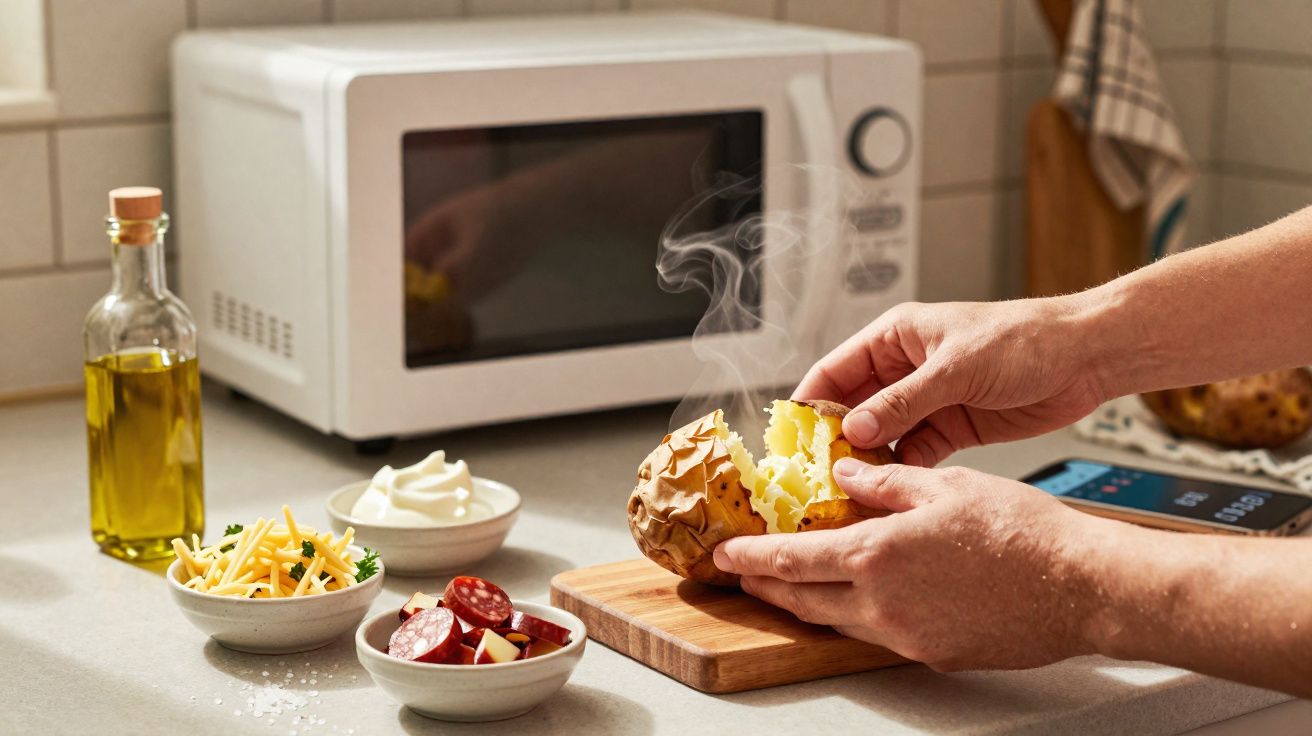 Dois braços abrem batata quente na bancada da cozinha com ingredientes e micro-ondas ao fundo.