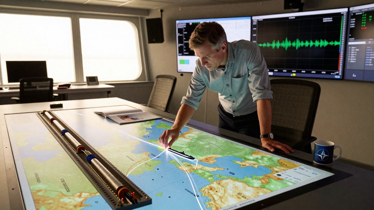 Homem a apontar rotas num mapa digital tátil numa sala de controlo moderna com ecrãs na parede.