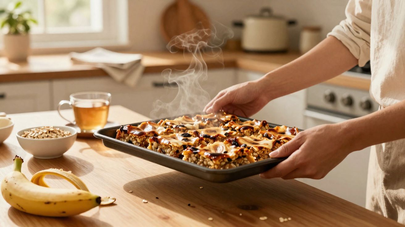 Pessoa a retirar do forno uma travessa com barra de granola quente fumegante numa cozinha iluminada.