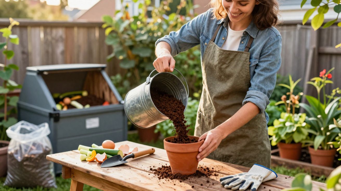 Mulher a pôr terra num vaso de barro para plantar, num jardim ensolarado com plantas à volta.