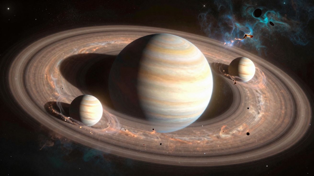 Imagem digital de planetas similares a Júpiter com anéis planetários e um fundo cósmico estrelado.