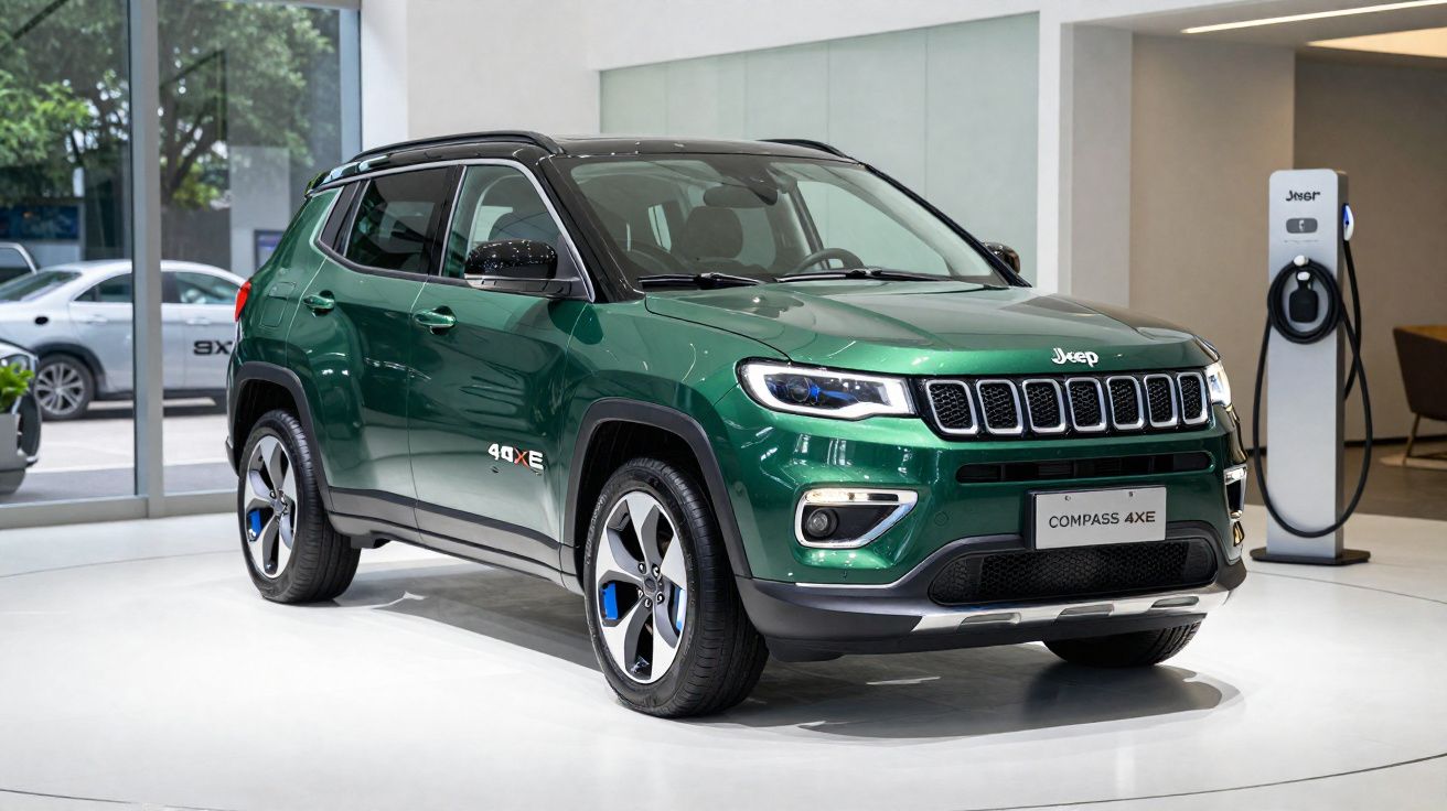 Carro Jeep Compass 4XE verde elétrico híbrido em exibição num salão com estação de carregamento.