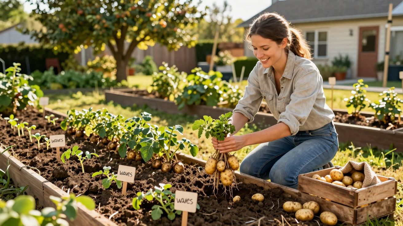 Mulher a colher batatas em canteiros de jardim com caixa de madeira cheia de batatas ao lado.