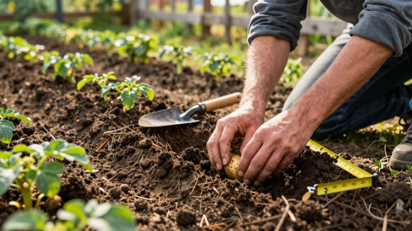 Pessoa a plantar batatas num terreno de cultivo, com uma pequena pá e uma fita métrica visíveis.