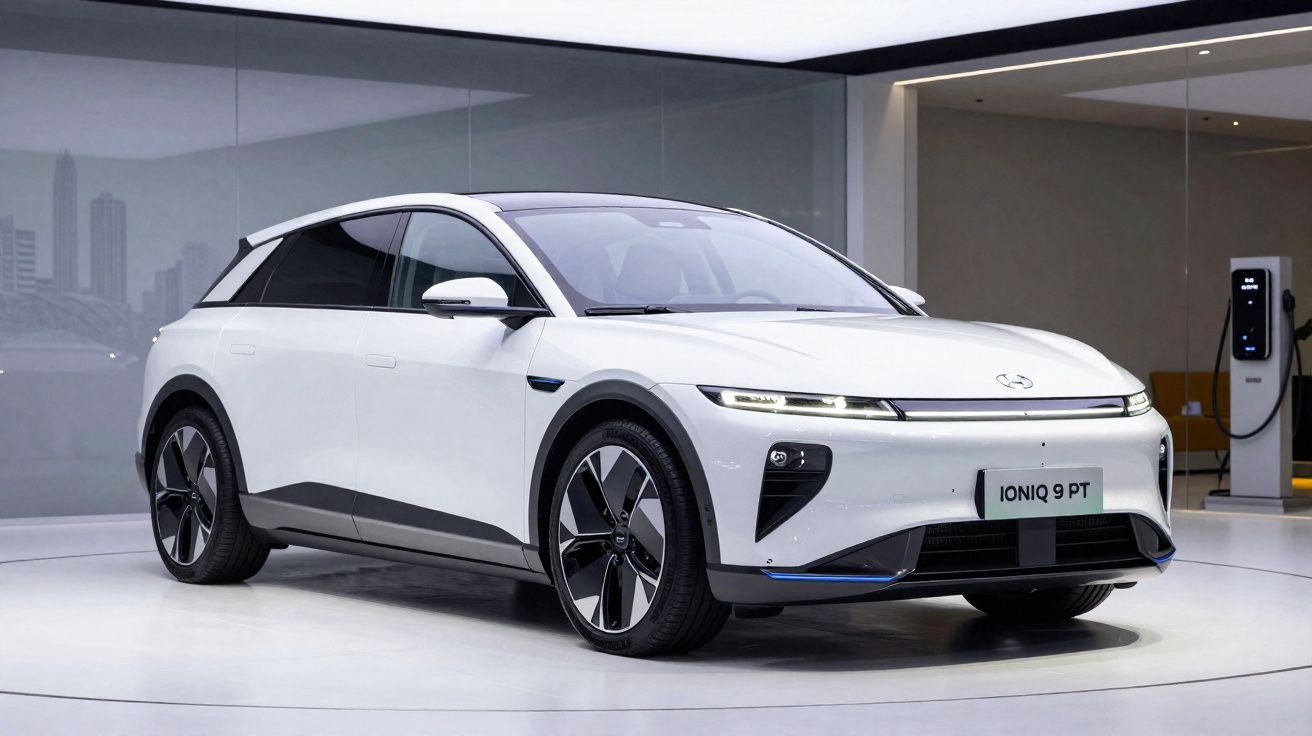 Carro elétrico branco Hyundai Ioniq 9 estacionado em espaço interior moderno e minimalista.