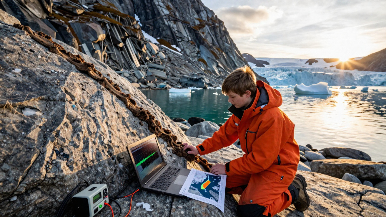 Jovem em fato térmico laranja analisa dados num computador portátil junto a um lago glaciar em zona montanhosa.