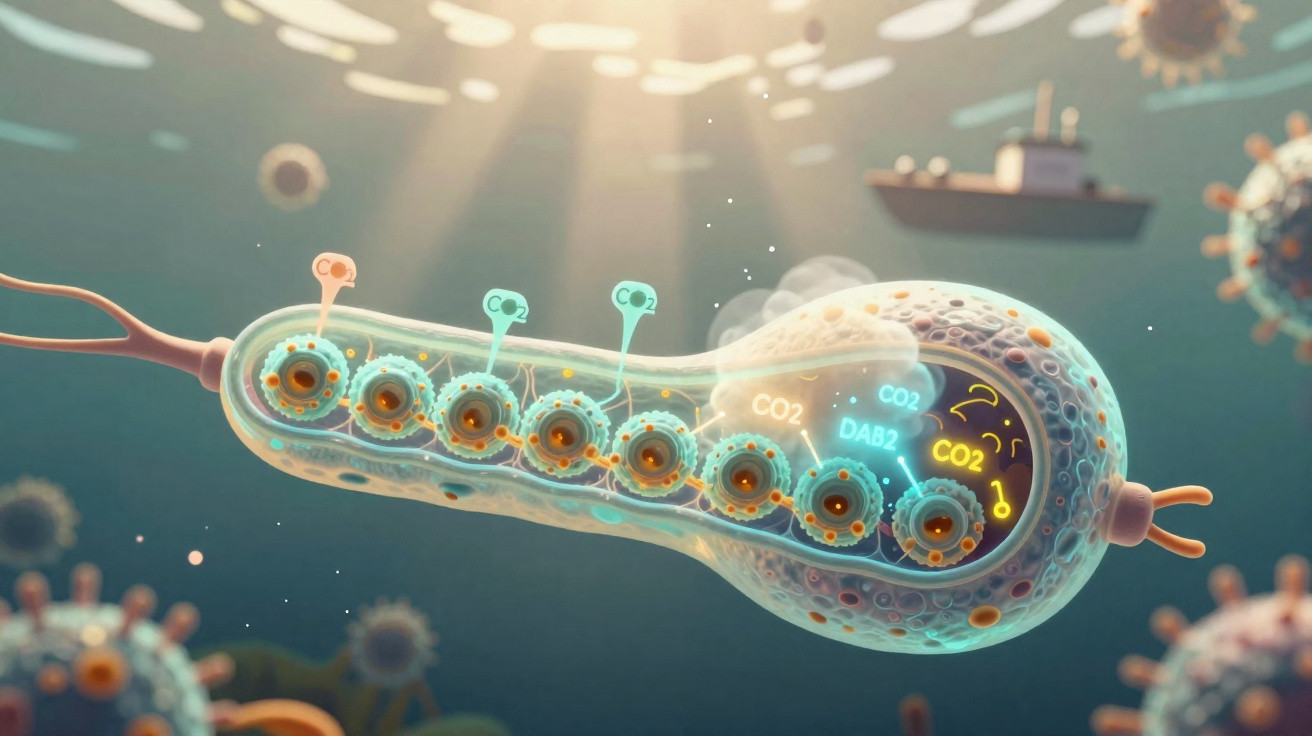 Ilustração científica de bactéria com etiquetas de CO2 e componentes internos destacados luminosos.