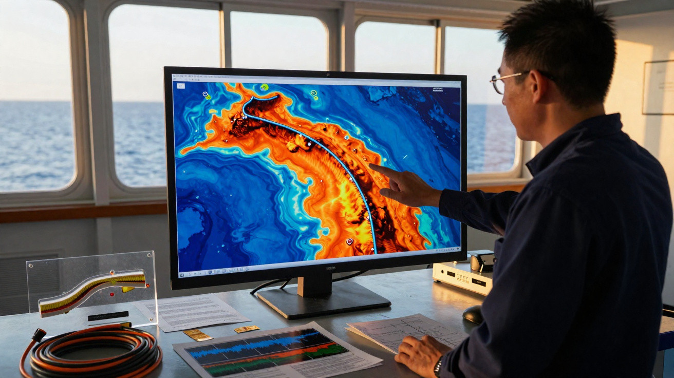 Homem vestido de azul analisa mapa geotérmico colorido num monitor num barco com vista para o mar.