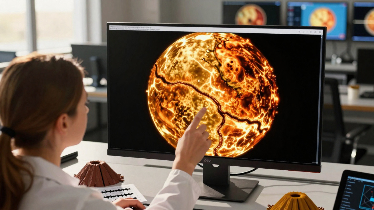 Cientista a analisar computador com simulação detalhada do interior da Terra e atividade sísmica em laboratório.