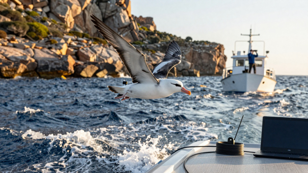 Gaivota a voar sobre o mar junto a dois barcos, com rochas iluminadas pelo sol ao fundo.