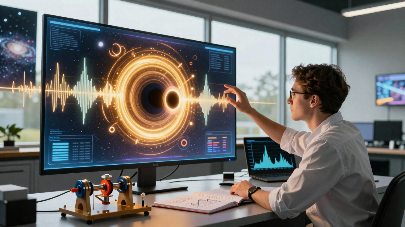 Homem cientista interage com gráficos holográficos de buraco negro e ondas sonoras numa tela digital.