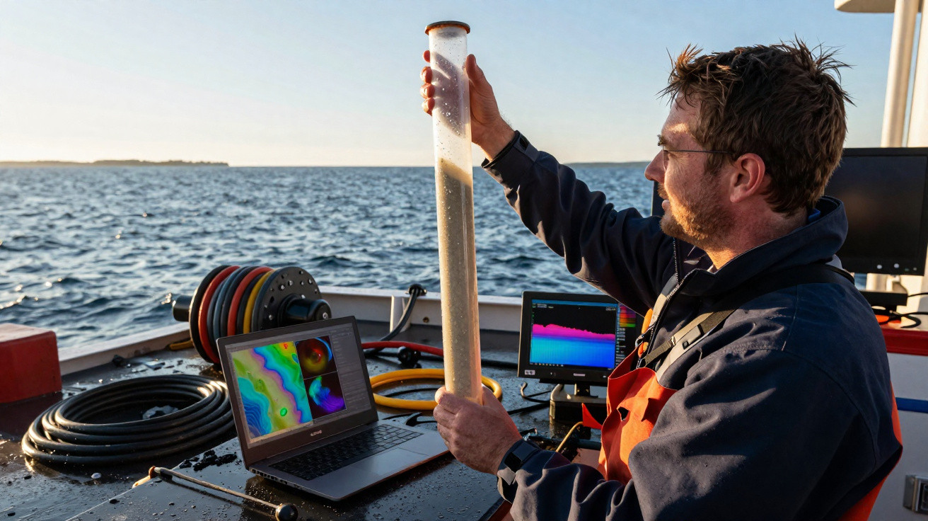 Cientista a bordo de barco segura tubo com amostra de sedimentos, com equipamento oceanográfico e laptop.