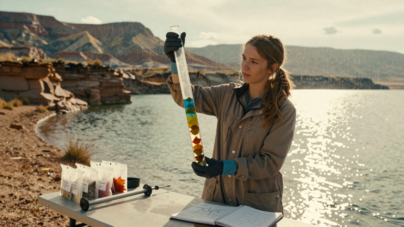 Mulher com bata de laboratório analisa tubo longo com líquido colorido junto a lago e montanhas.