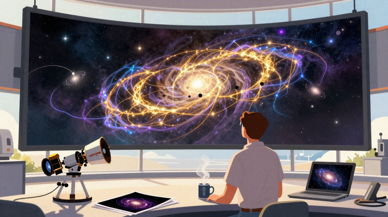 Pessoa sentada a observar uma galáxia espiral colorida num ecrã grande com telescópio e laptop na mesa.
