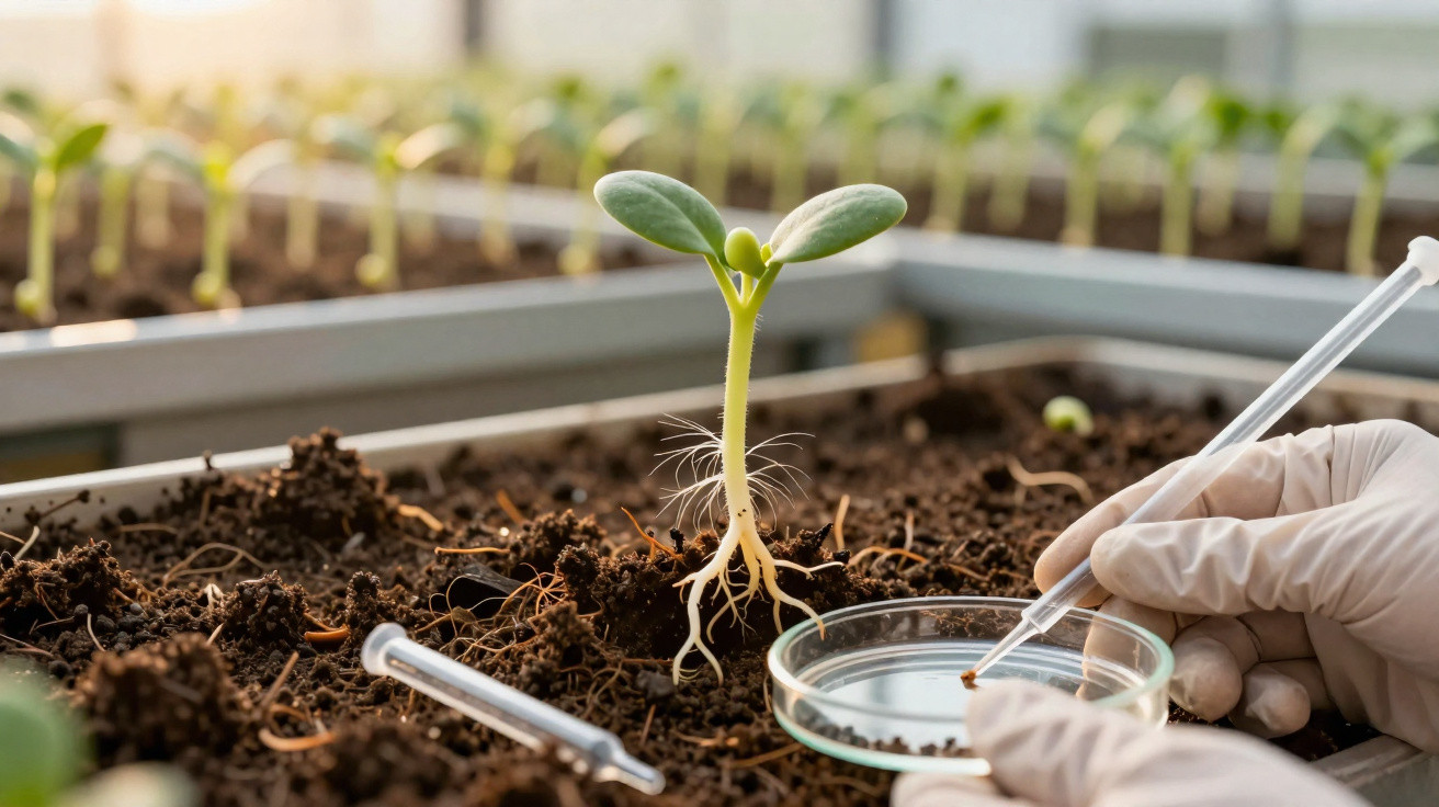 Mão com luva a analisar semente germinada junto a placa de petri e tubos de ensaio num laboratório de plantas.
