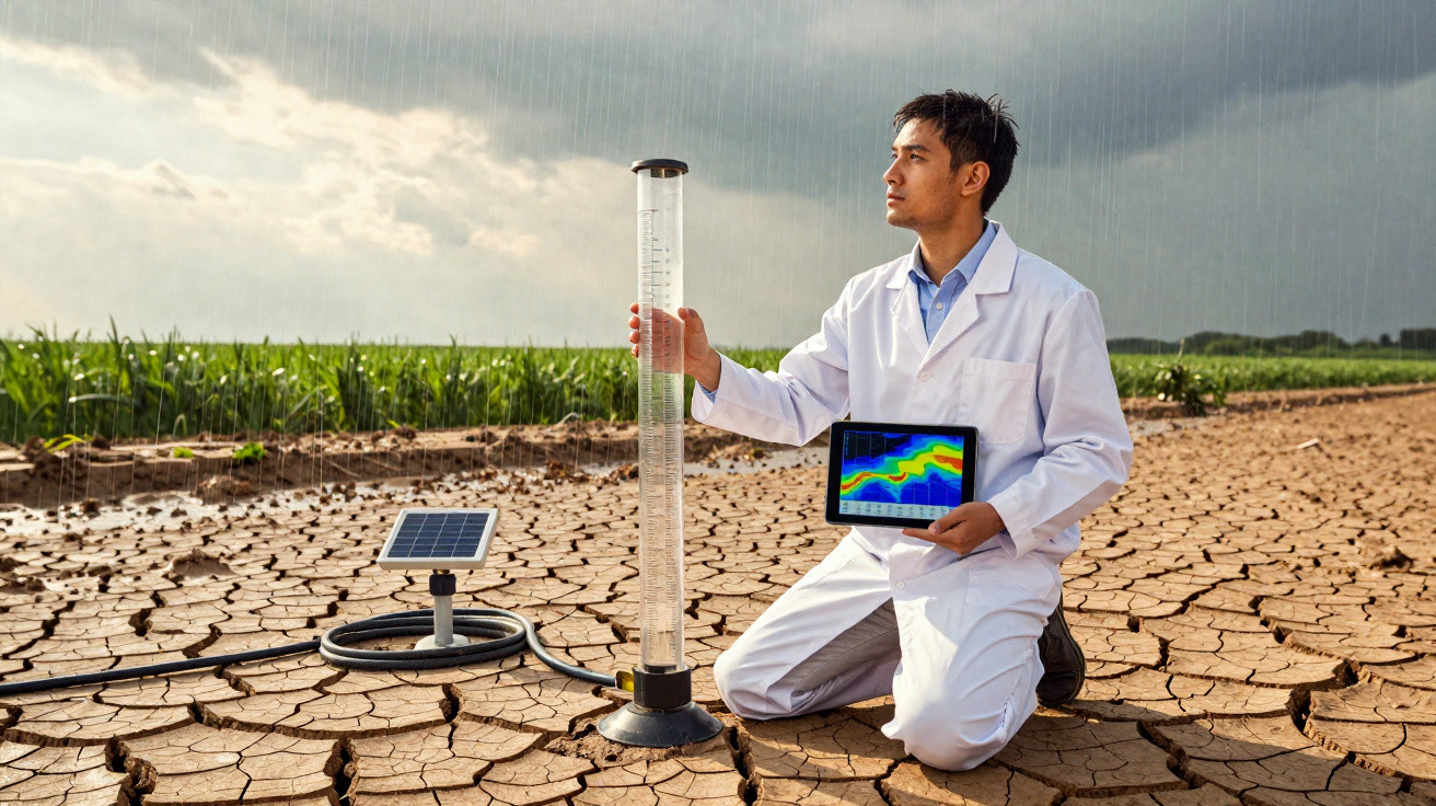 Homem em bata branca mede chuva em campo seco e rachado segurando tablet com dados climáticos.