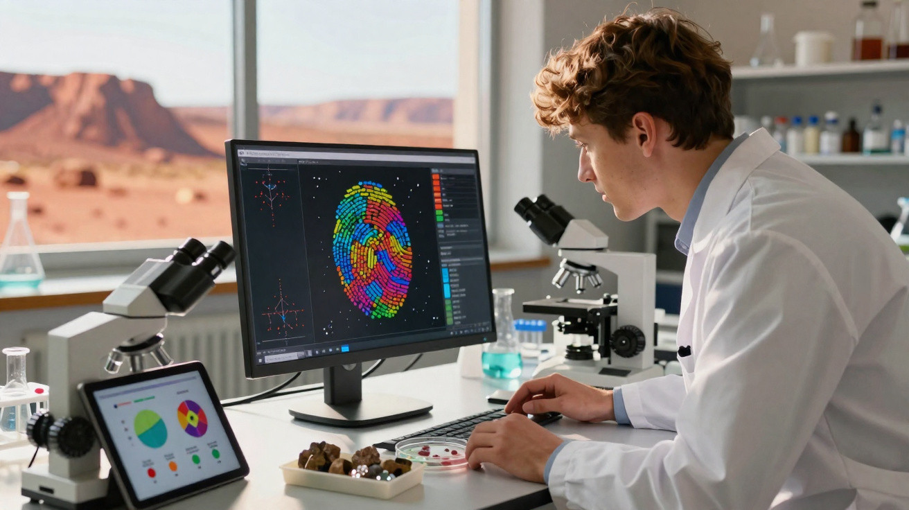 Cientista em laboratório analisa gráficos coloridos no ecrã do computador rodeado de microscópios e equipamentos.
