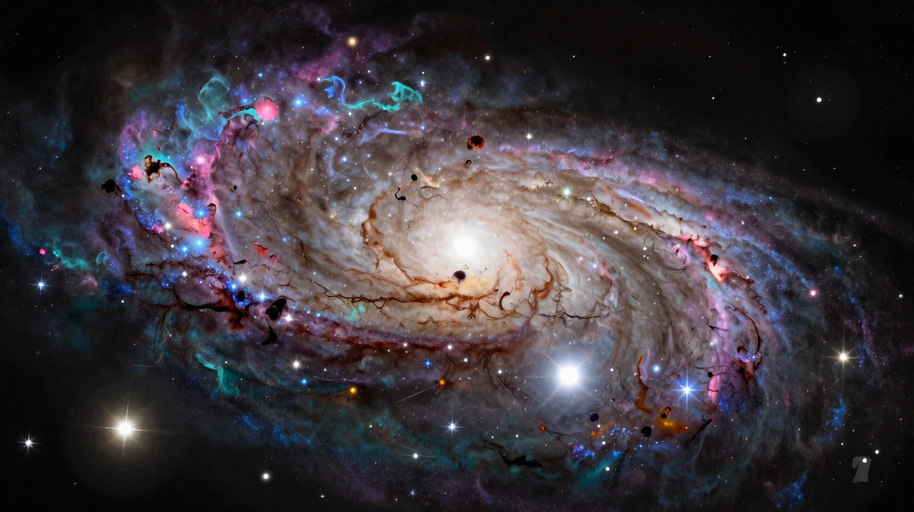 Imagem de uma galáxia espiral colorida com estrelas brilhantes e nuvens de gás no espaço.