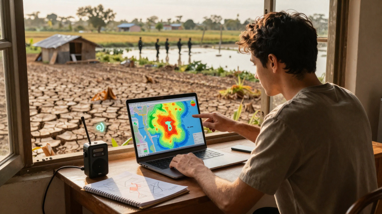 Homem analisa dados climáticos num computador com terreno seco e rachado à janela.